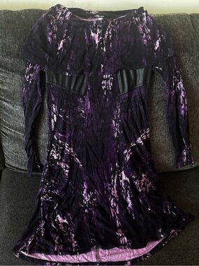 Kenzie Purple Marble-Print Long Sleeve Dress with Black Trim
